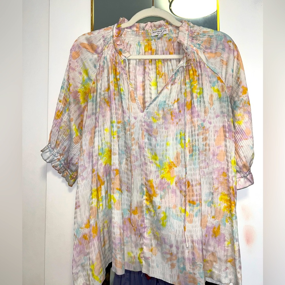 Current Air Angelica Pleated Blouse Tie Neck Short Sleeve Top- Size L